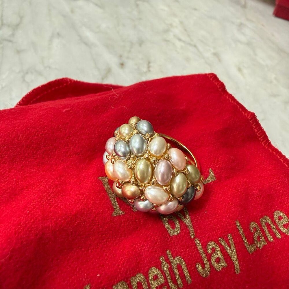 Kenneth Jay Lane vintage gold tone ring dome multi-colored faux pearls New sz 6